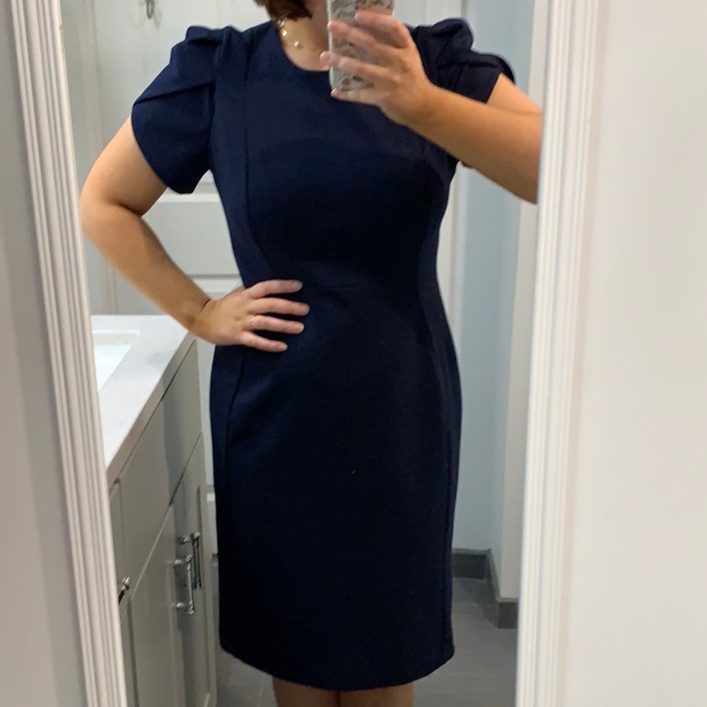 Calvin Klein tulip sleeve navy pencil dress